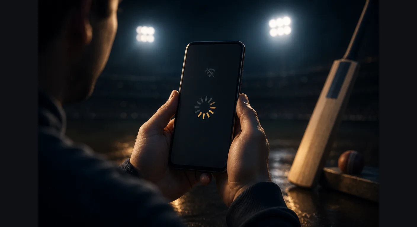 Hands holding an Android phone with a load spinner and wifi-off glyph, cricket bat and stadium lights out of focus behind