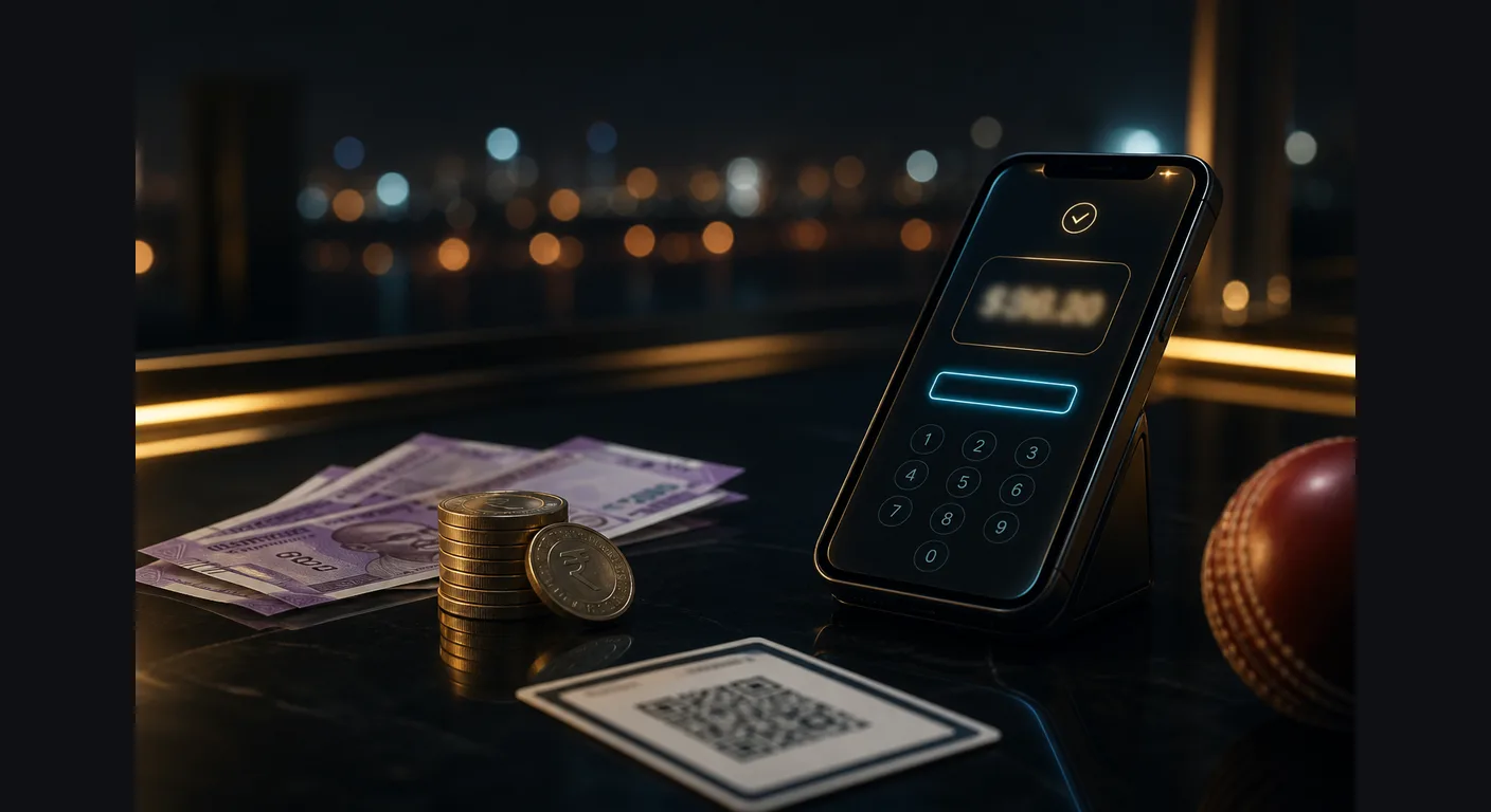 Indian rupee notes and coins on a dark glossy table beside a smartphone cashier screen, cricket ball at the edge