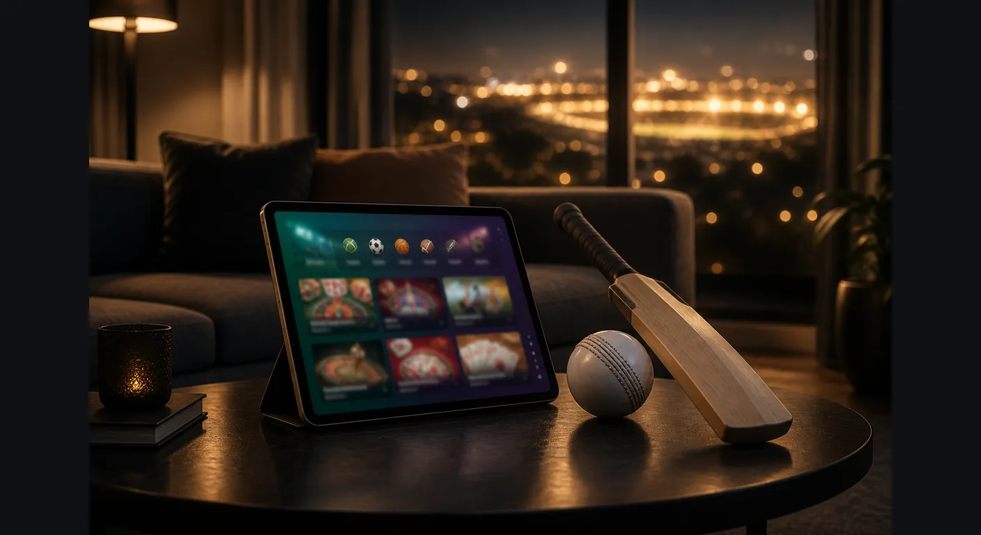 Night sofa with a tablet showing a blurred sports-casino lobby, cricket bat and white ball on the coffee table, warm window bokeh